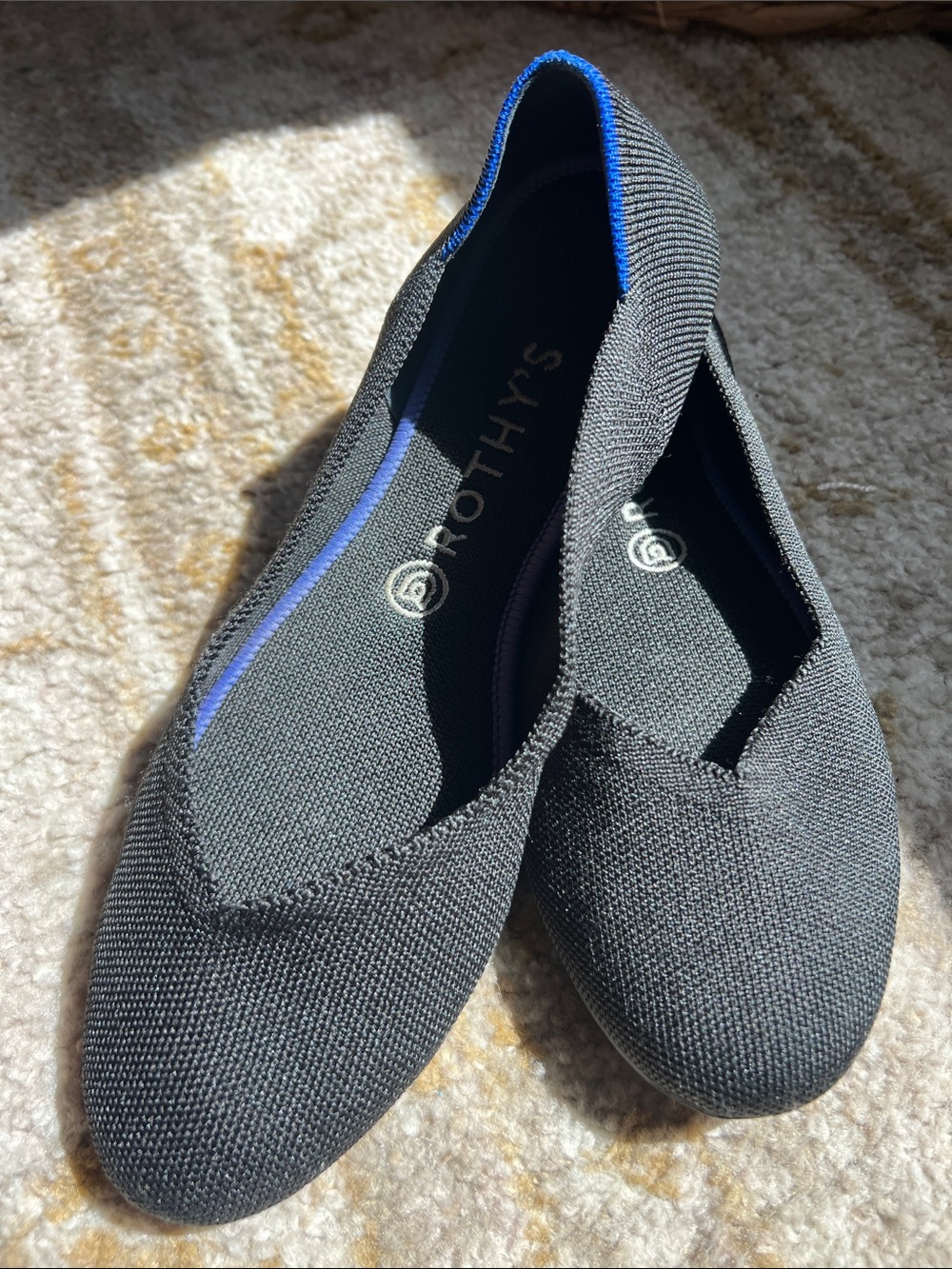 Rothy's Black Knit Flats with Blue Trim